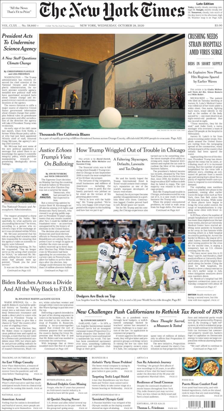 صفحه اول روزنامه نیویورک تایمز/ هزاران نفر از شعله های آتش کالیفرنیا گریختند