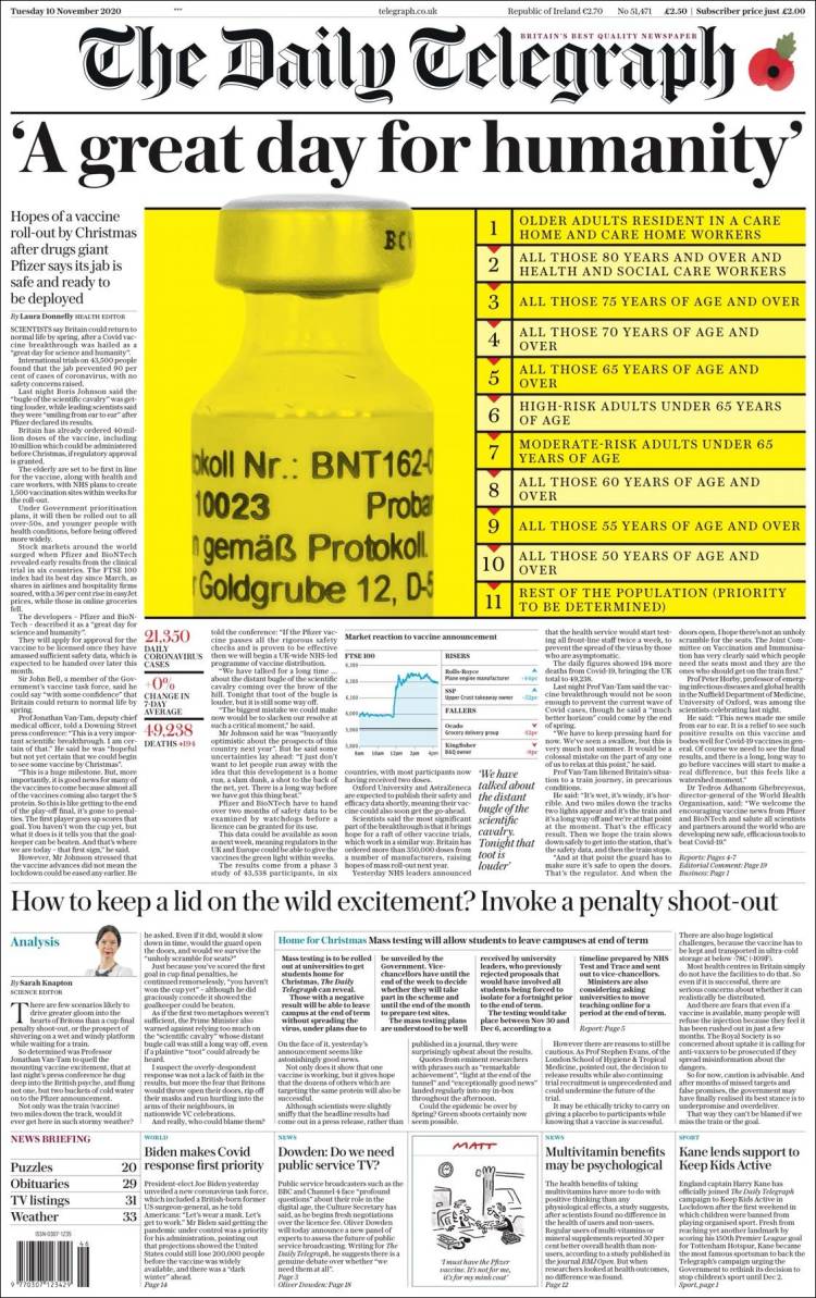 صفحه اول روزنامه دیلی تلگراف/ روزی عظیم برای بشریت