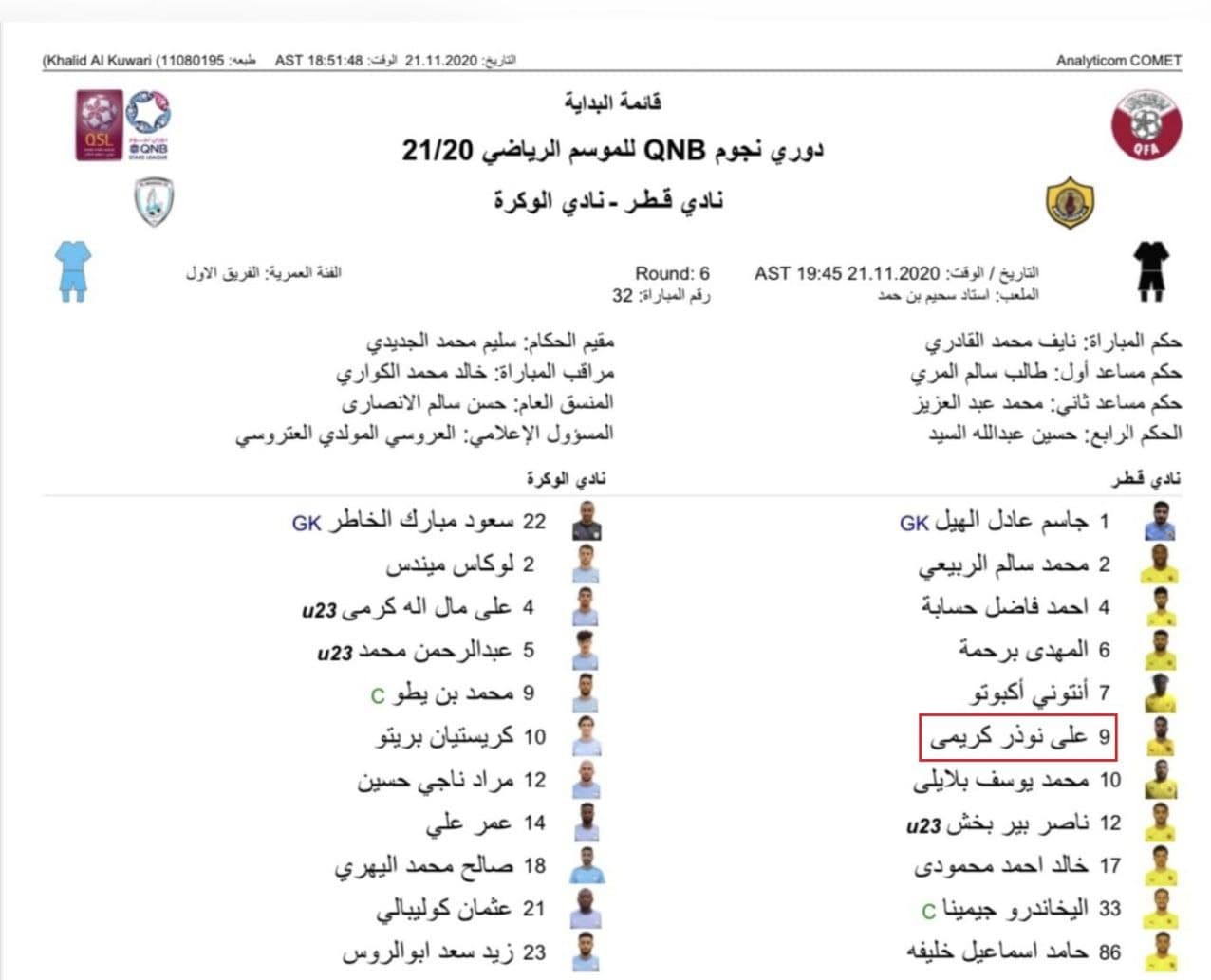 کریمی در ترکیب اف سی قطر مقابل الوکره
