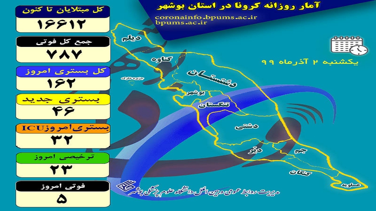 اینفوگرافی پراکندگی مبتلایان کرونا در استان بوشهر