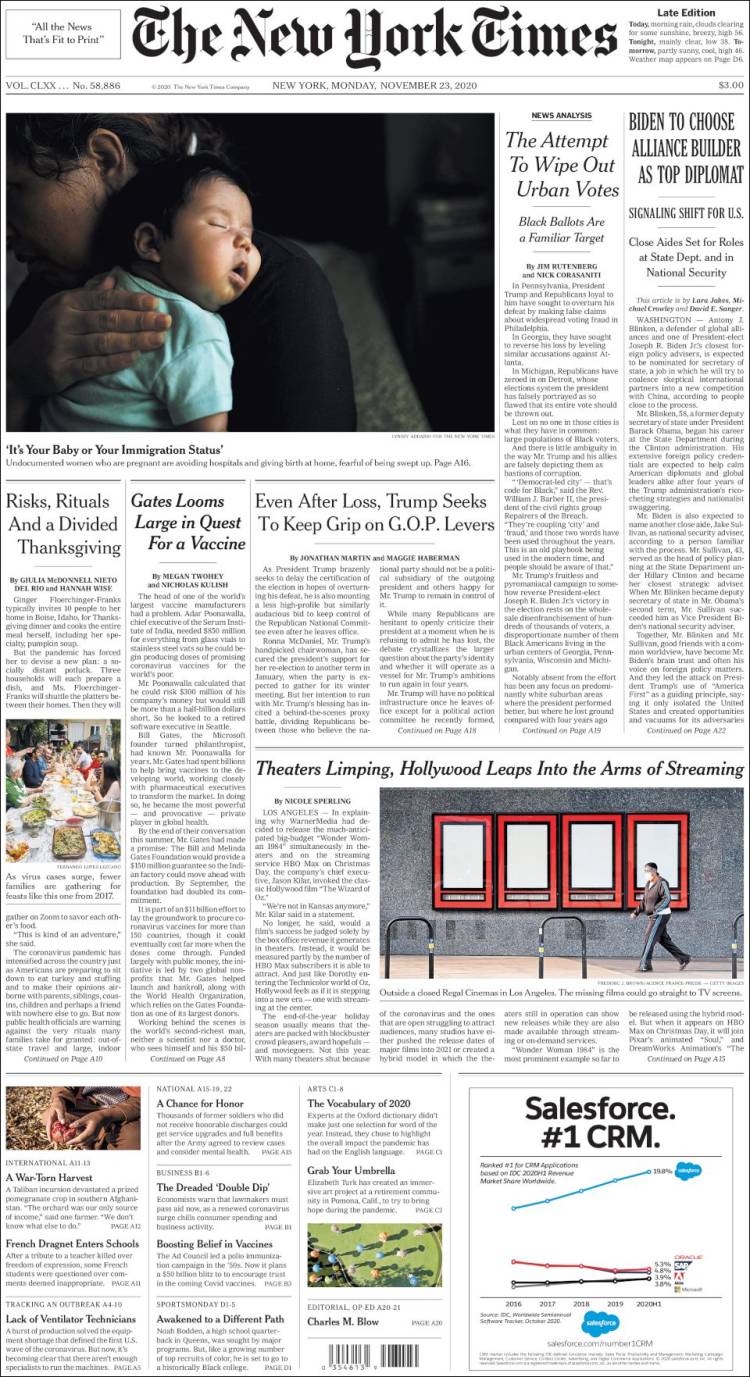 صفحه اول روزنامه نیویورک تایمز/ بایدن به سوی انتخاب یک اتحادساز به عنوان وزیر خارجه