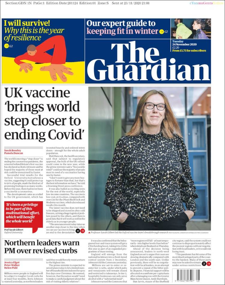 صفحه اول روزنامه گاردین/ واکسن بریتانیا جهان را به پایان کووید یک گام نزدیک تر کرد