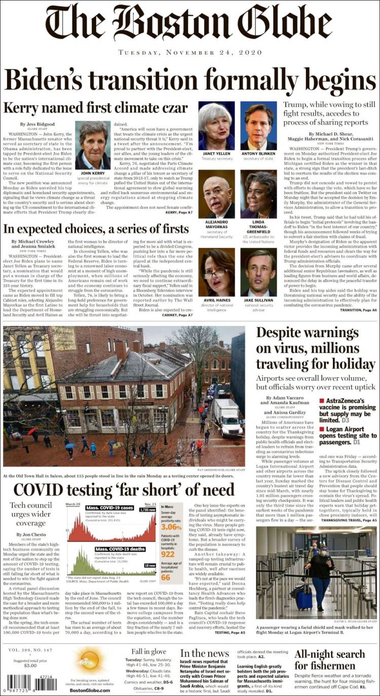 صفحه اول روزنامه بوستون گلوب/ فرایند انتقالی بایدن به طور رسمی آغاز شد