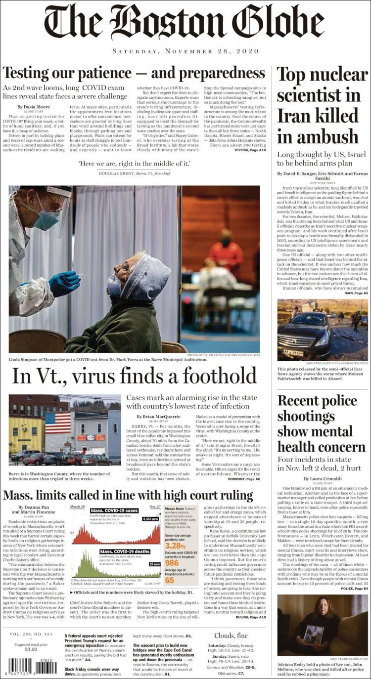 صفحه اول روزنامه بوستون گلوب/ دانشمند عالی رتبه هسته ای در ایران در یک کمین ترور شد
