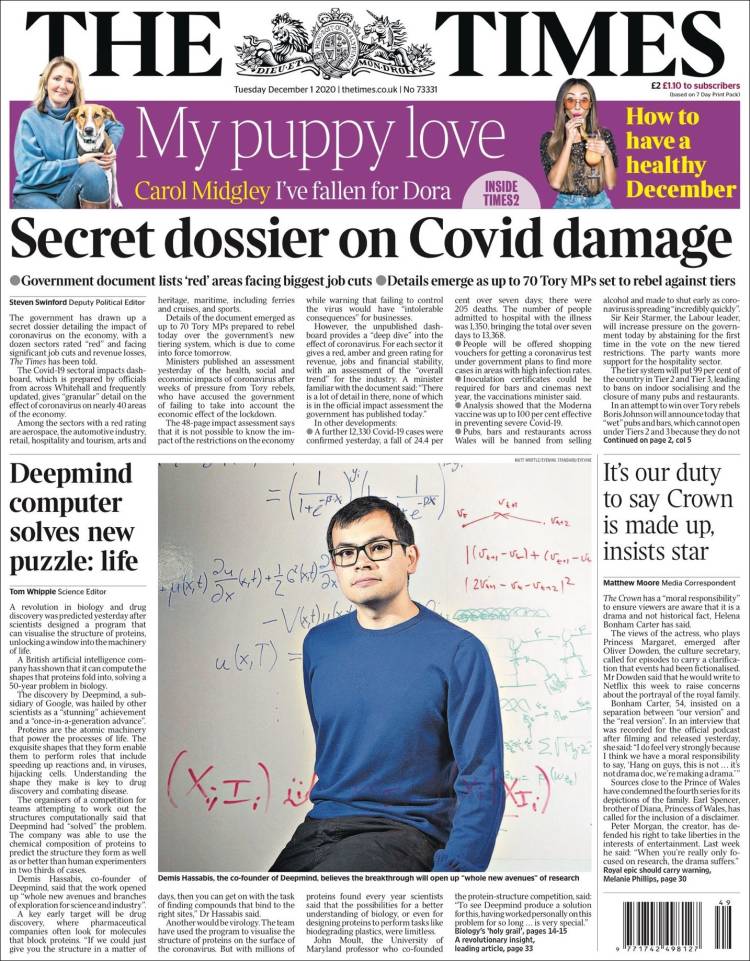 صفحه اول روزنامه تایمز/ پرونده محرمانه بر سر آسیب کووید