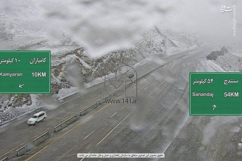 تصویری از برف و کولاک در جاده سنندج