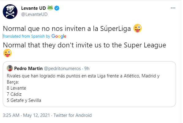 توییت جالب باشگاه لوانته علیه بارسا، رئال و «سوپرلیگ»