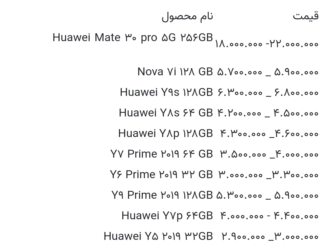 قیمت انواع گوشی هواوی در بازار امروز