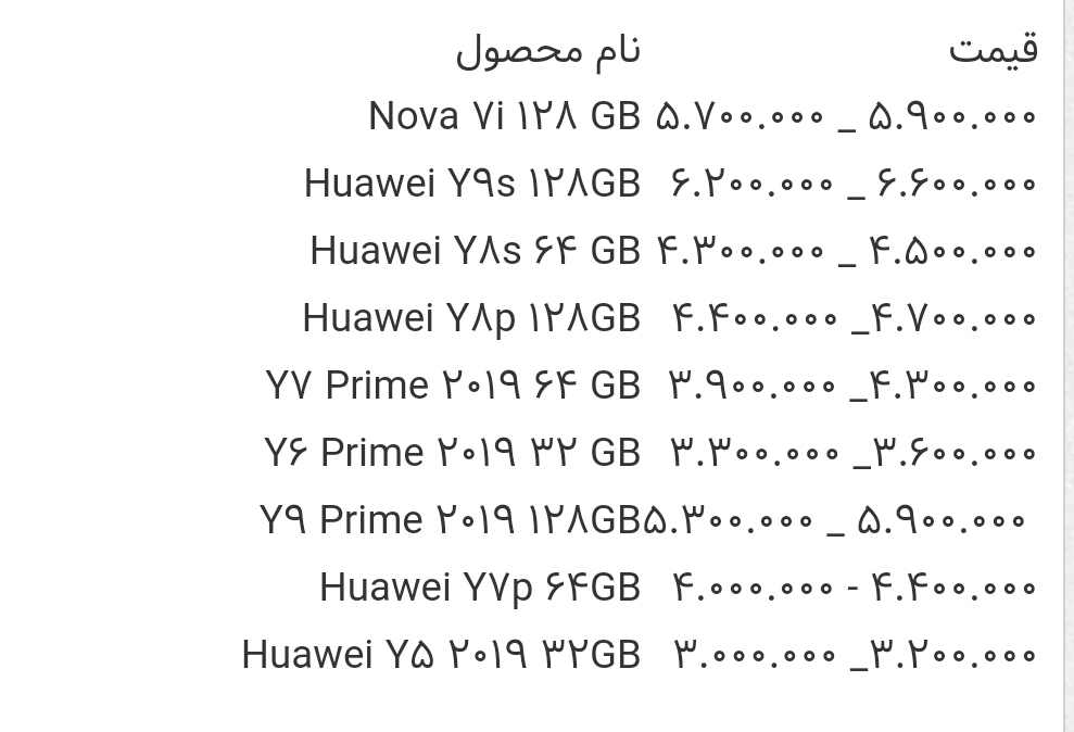 قیمت انواع گوشی هواوی در بازار امروز