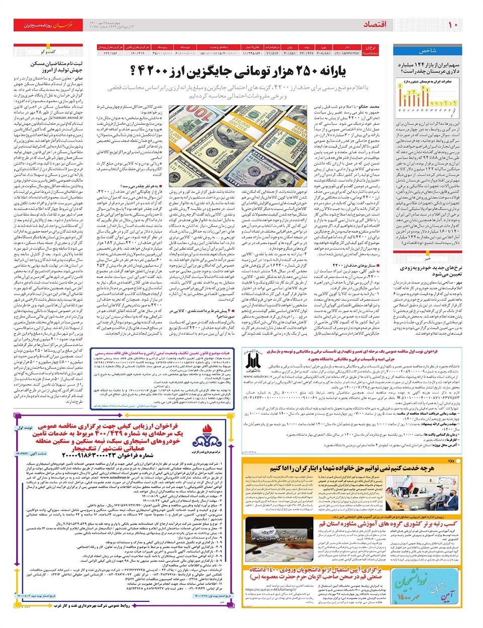 روزنامه خراسان/ جایگزین 250 هزار تومانی ارز 4200