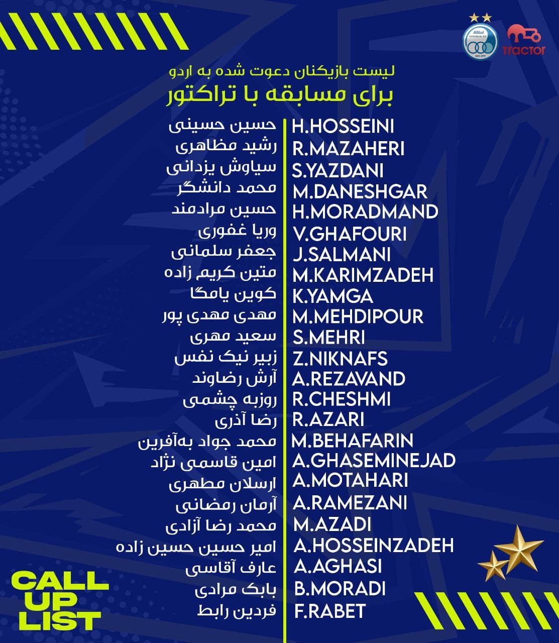 لیست بازیکنان استقلال اعلام شد