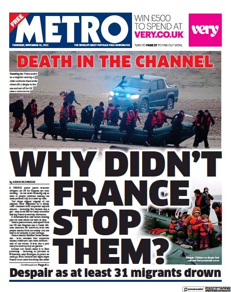 صفحه اول روزنامه مترو/ مرگ در کانال؛ چرا فرانسه جلوی مرگ آنها را نگرفت؟