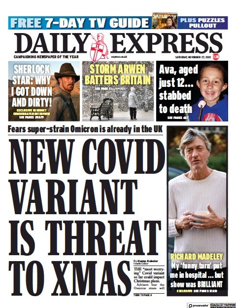 صفحه اول روزنامه دیلی اکسپرس/ سویه جدید کرونا تهدیدی برای کریسمس امسال