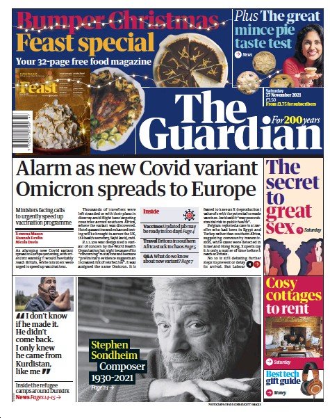 صفحه اول روزنامه گاردین/ هشدار سرایت اومیکرون نوع جدید کرونا، به اروپا