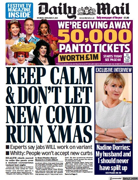 صفحه اول روزنامه دیلی میل/ آرام باشید و اجازه ندهید نوع جدید کرونا کریسمس را خراب کند