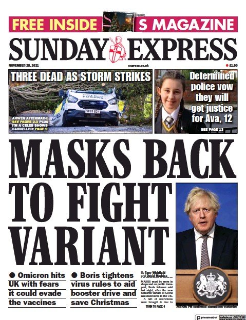 صفحه اول روزنامه ساندی اکسپرس/ استفاده مجدد از ماسک، برای مبارزه با سویه کرونا