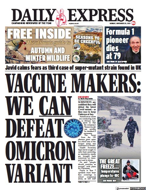 صفحه اول روزنامه دیلی اکسپرس/ تولیدکنندگان واکسن: می توانیم امیکرون را شکست دهیم