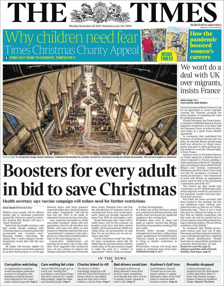 صفحه اول روزنامه تایمز/ دوز تقویتی برای تمام بزرگسالان، تلاشی برای حفظ کریسمس