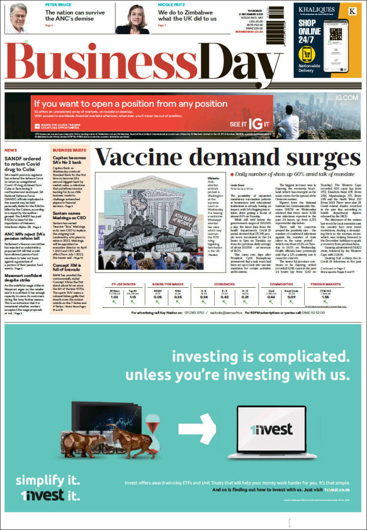 صفحه اول روزرنامه بیزینس دی/ تقاضا برای واکسن افزایش یافت