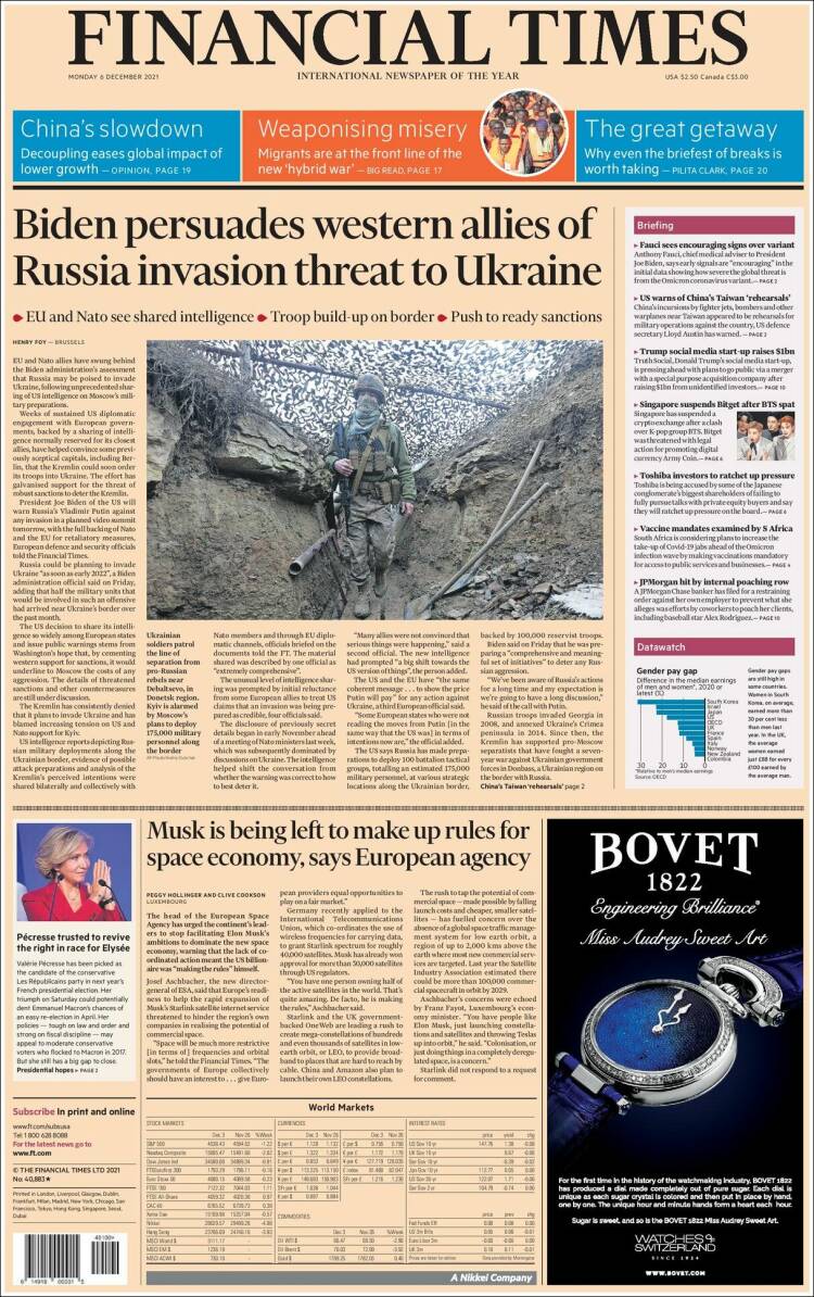 صفحه اول روزنامه فایننشال تایمز/ بایدن متحدان غربی خود را در مورد تهدید حمله روسیه به اوکراین متقاعد می کند