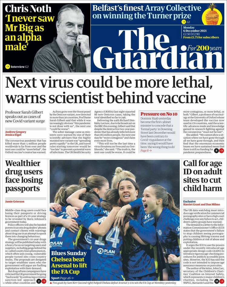صفحه اول روزنامه گاردین/ دانشمندان سازنده واکسن هشدار می دهند که ویروس بعدی می تواند کشنده تر باشد