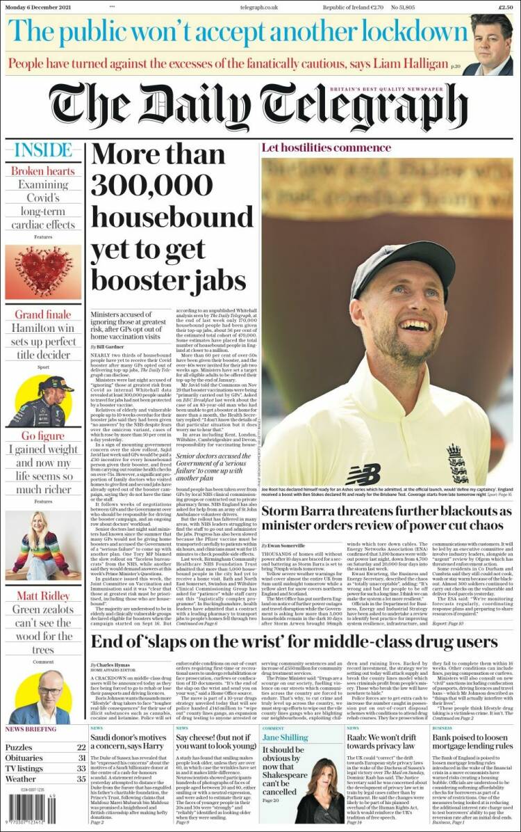 صفحه اول روزنامه دیلی تلگراف/ بیش از 300,000 فرد سالخورده و زمین گیر هنوز واکسن تقویتی را دریافت نکرده اند