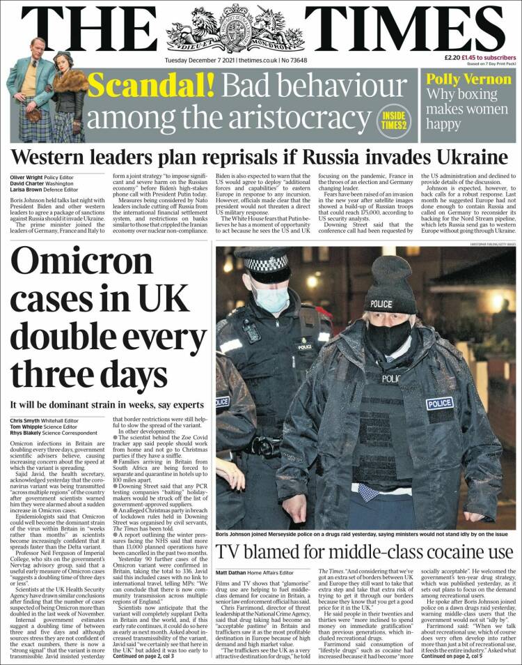 صفحه اول روزنامه تایمز/ موارد ابتلا به امیکرون در انگلستان هر سه روز دوبرابر می شود
