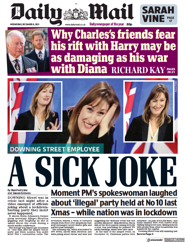 صفحه اول روزنامه دیلی میل/ شوخیِ بیمارگونه سخنگوی نخست وزیر انگلستان