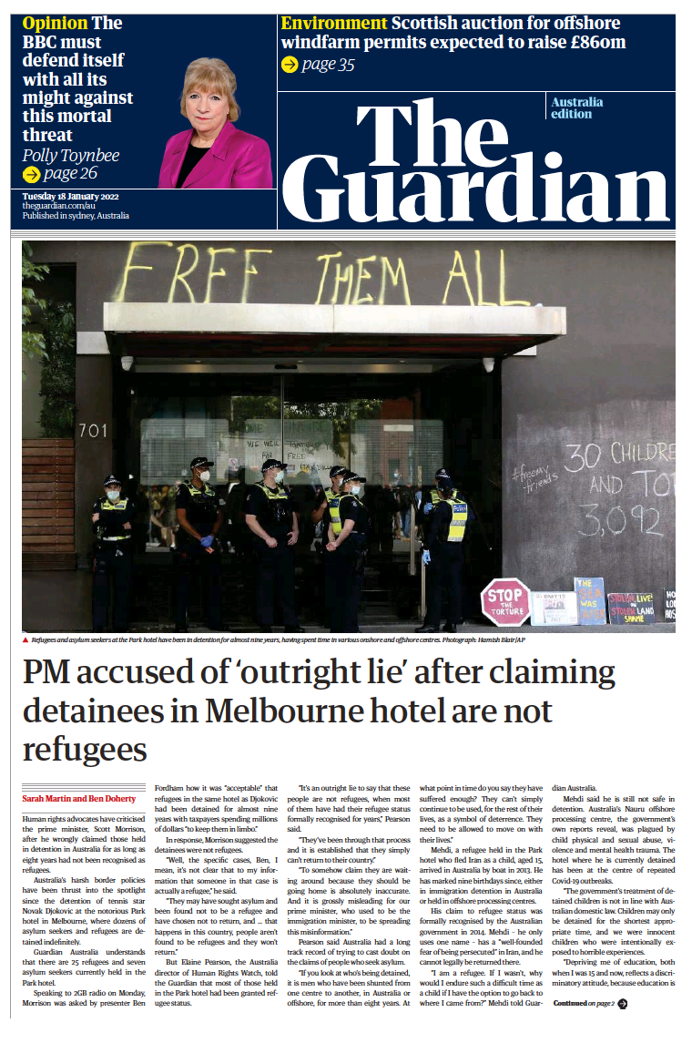 صفحه اول روزنامه گاردین/ نخست وزیر انگلیس پس از اینکه مدعی شد بازداشت شدگان در هتل ملبورن پناهنده نیستند، به دروغ متهم شد
