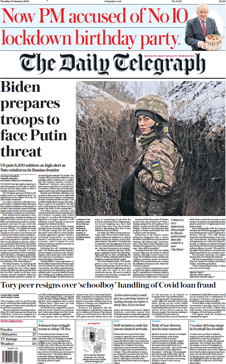 صفحه اول روزنامه دیلی تلگراف/ بایدن نیروهای خود را برای رویارویی با تهدید پوتین آماده می کند