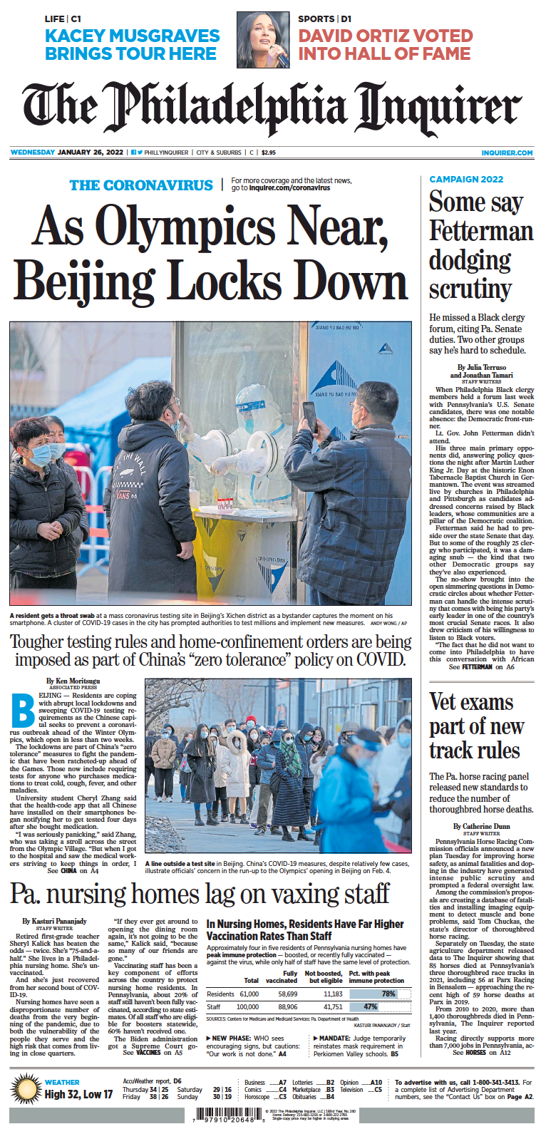 صفحه اول روزنامه فیلادلفیا/ المپیک زمستانی نزدیک می شود و پکن قرنطینه 