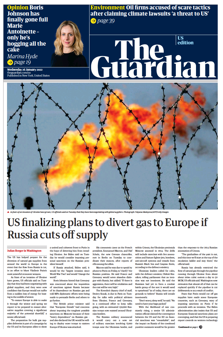 صفحه اول روزنامه گاردین/ آمریکا در حال اتمام طرحی جهت ارسال گاز به اروپا در صورت قطع صادرات روسیه است 