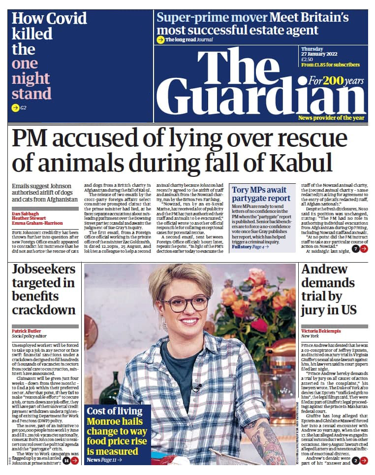 صفحه اول روزنامه گاردین/ نخست وزیر انگلیس در موضوع خروج حیوانات از کابل متهم به دروغ گویی شد