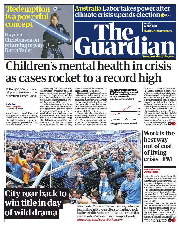 صفحه اول روزنامه گاردین/ وضعیت سلامت روانی کودکان با رکورد افزایش موارد ابتلای جوانان در خطر است 
