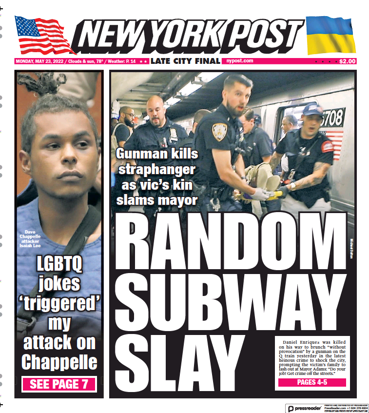 صفحه اول روزنامه نیویورک پست/ کشتار در مترو آمریکا
