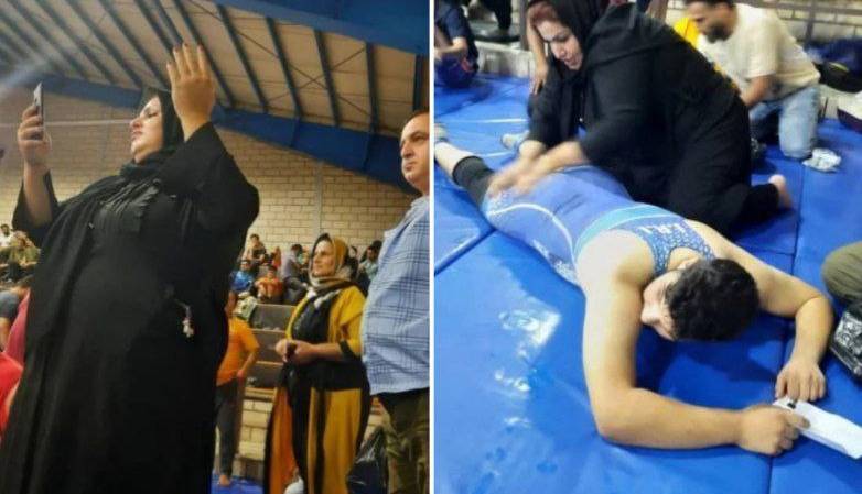 مادر است دیگر؛ تصویری جالب از حضور فعال مادران در مسابقات کشتی