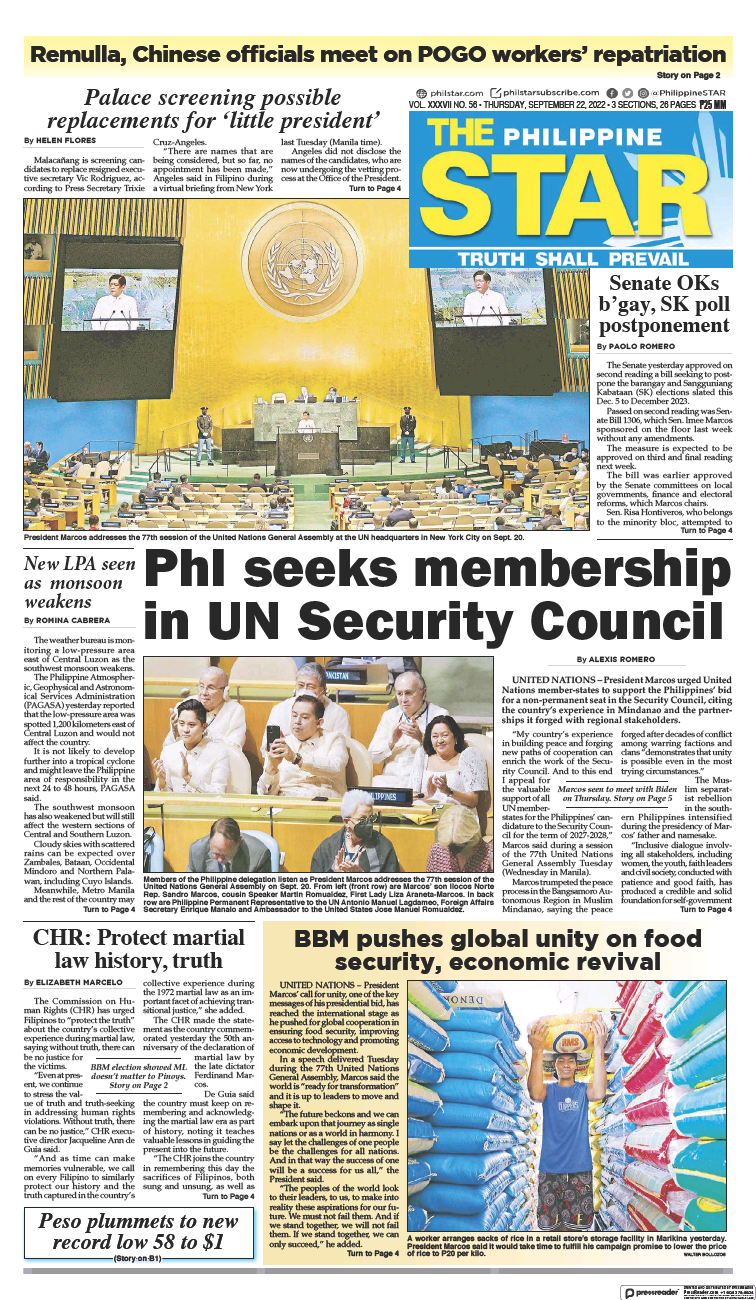 صحفه اول روزنامه استار/ فیلیپین به دنبال عضویت در شورای امنیت سازمان ملل است