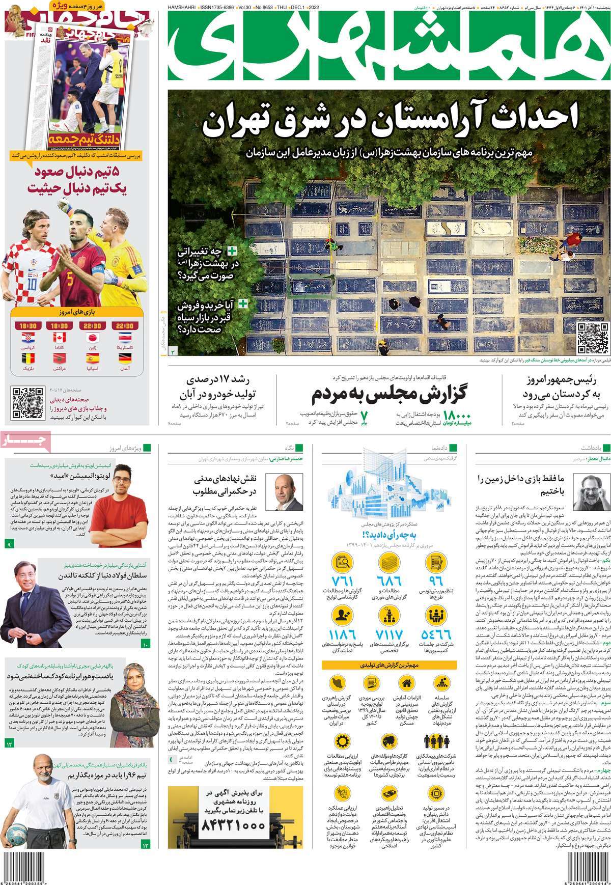 صفحه اول روزنامه همشهری