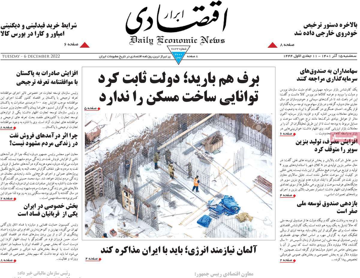 صفحه اول روزنامه ابرار اقتصادی