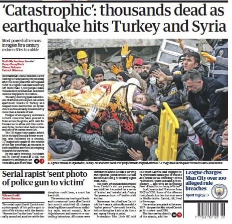 صفحه اول روزنامه گاردین/ فاجعه‌بار؛ هزاران نفر با زلزله ترکیه و سوریه جان خود را از دست داده اند