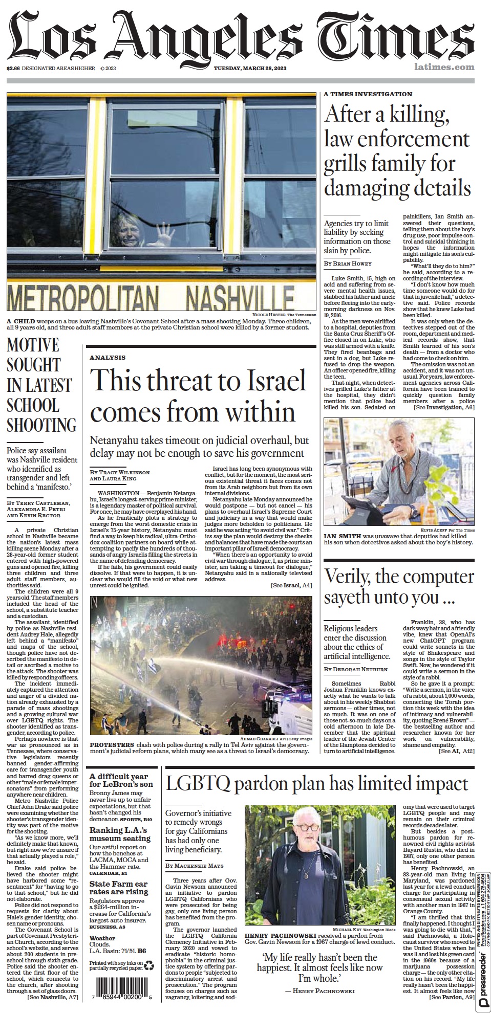 صفحه اول روزنامه لس آنجلس تایمز/ تهدید [نابودی] اسرائیل از داخل است