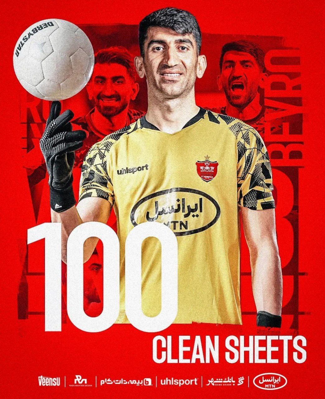 پوستر باشگاه پرسپولیس به مناسبت صدمین کلین شیت بیرو در لیگ برتر
