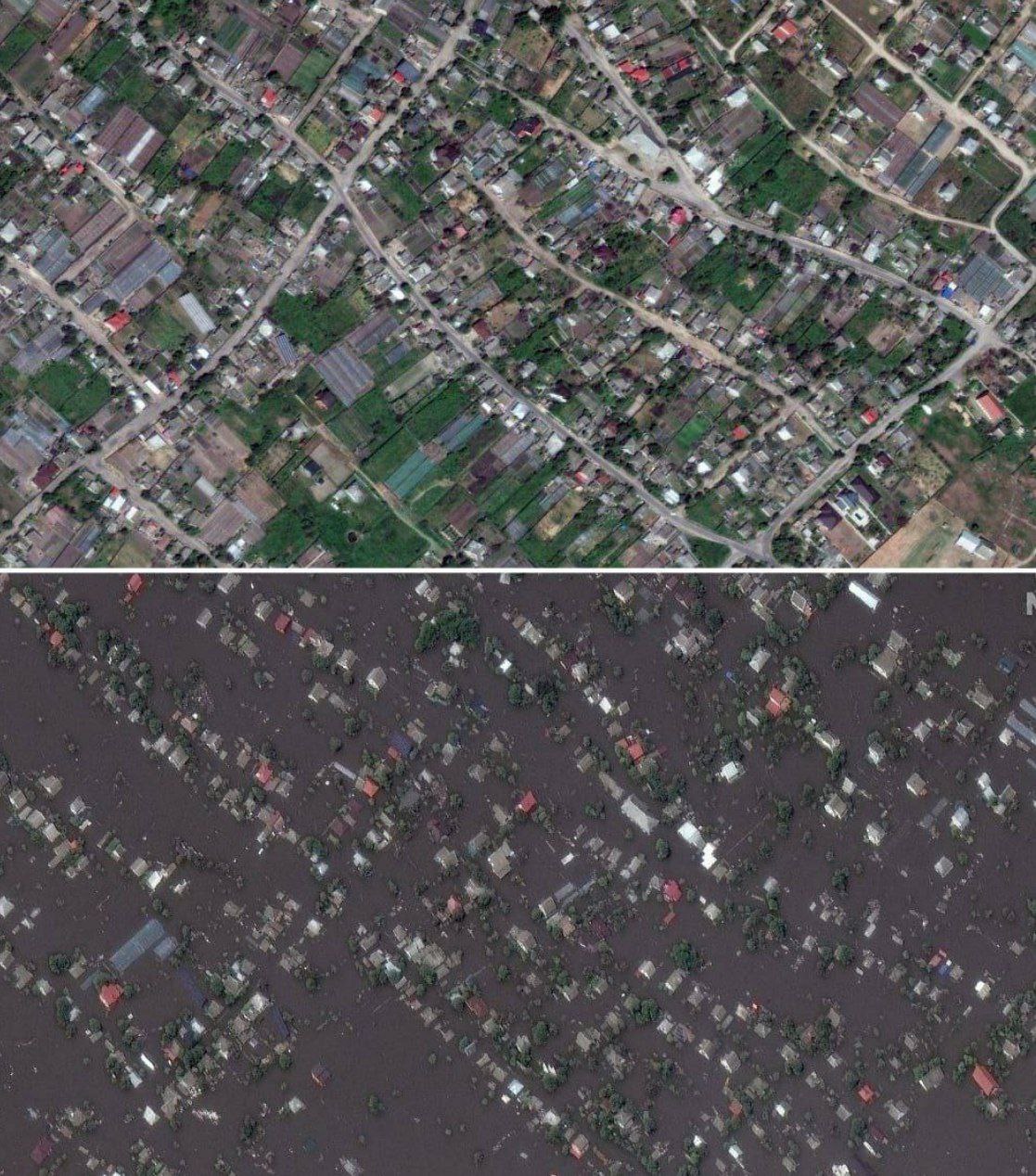 تصاویری از  قبل و بعد مناطق خرسون در پی شکستن سد «کاخوفکا»