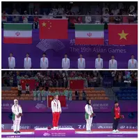 عکس/ قابی جالب از اهتزاز دو پرچم ایران هنگام اهدای مدال کوراش بانوان