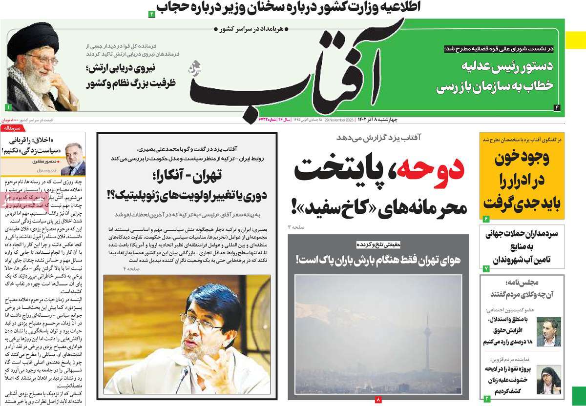 صفحه اول روزنامه آفتاب یزد