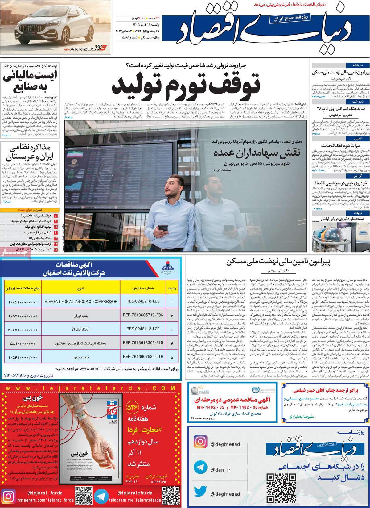 صفحه اول روزنامه دنیای اقتصاد