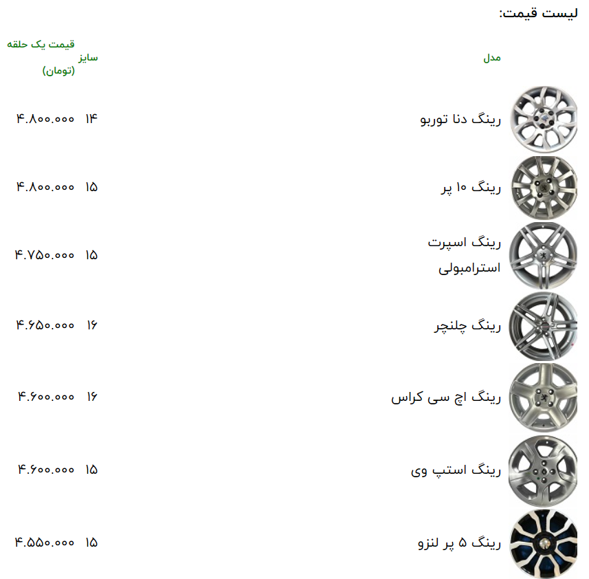 قیمت جدید رینگ های شرکتی خودرو