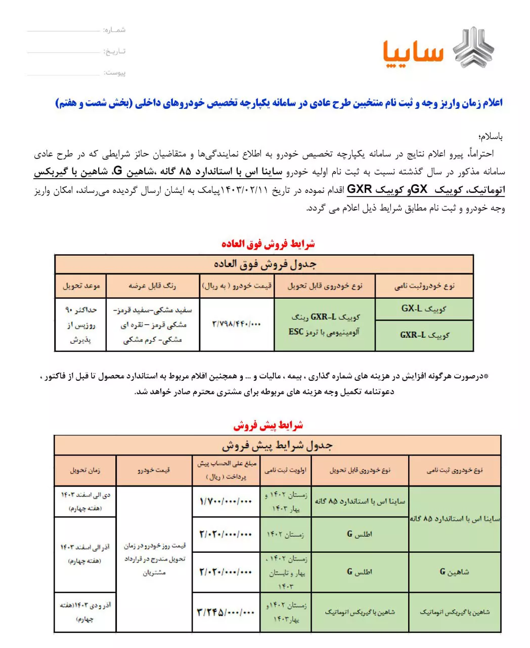 فراخوان واریز وجه و ثبت نام محصولات سایپا اعلام شد