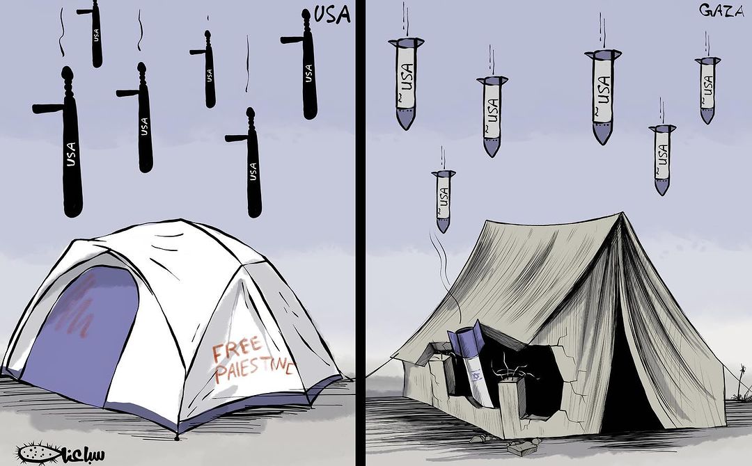 کاریکاتور/ آنچه آمریکا با چادرنشینان آواره غزه و دانشجویان متحصن میکند!