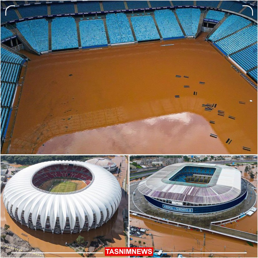 عکس/ سیل علیه فوتبال در برزیل؛ زمین استادیوم غرق در سیلاب 